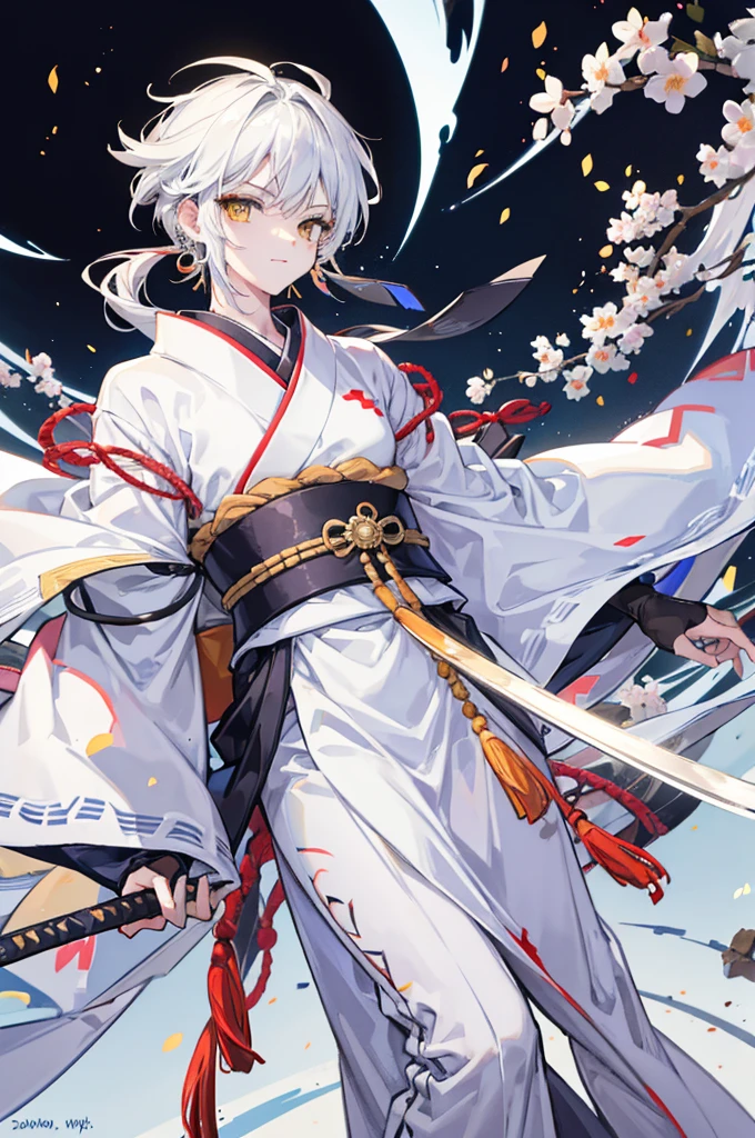 high quality, 16K, masterpiece :1.3 Ultra High Resolution No abnormalities in detail Detailed face Male neutral cool Small stature White hair reaching down to the eyes Yellow Eyes kimono Carrying a Japan sword on his waist Tight eyes Wearing earrings Male laughing Black and white kimono ephemeral The whole body is visible boyish No background Magical Beauty Male 顔がcool
