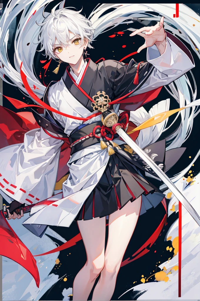 high quality, 16K, masterpiece :1.3 Ultra High Resolution No abnormalities in detail Detailed face Male neutral cool Small stature White hair reaching down to the eyes Yellow Eyes kimono Carrying a Japan sword on his waist Tight eyes Wearing earrings Male laughing Black and white kimono ephemeral The whole body is visible boyish No background Magical Beauty Male 顔がcool