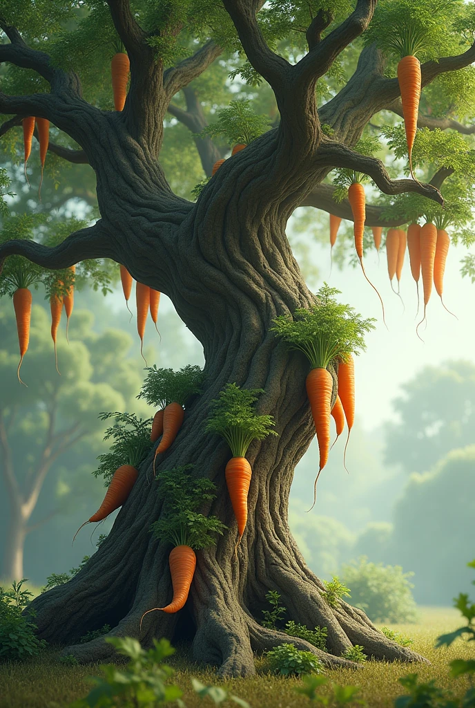 Carrots growing on a large tree.