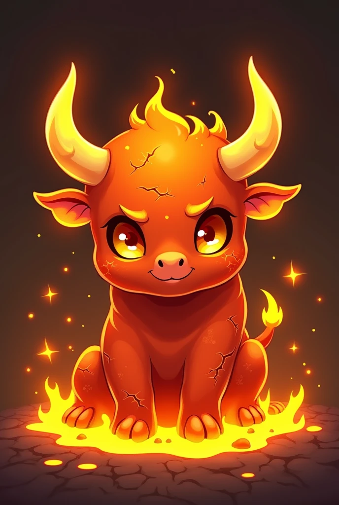 Design a head-only, minimalist, cute chibi-style portrait of 'Emberus,' a fiery bull-like slime character. Emberus should have a deep orange body with cracks showing glowing magma underneath, giving a volcanic effect. The horns should resemble sharp flames, and the eyes should have a fierce yet endearing look. The slime texture should include subtle drips and a glossy appearance. The background should include fiery sparks and a glowing, molten backdrop to emphasize the character's fiery temperament.