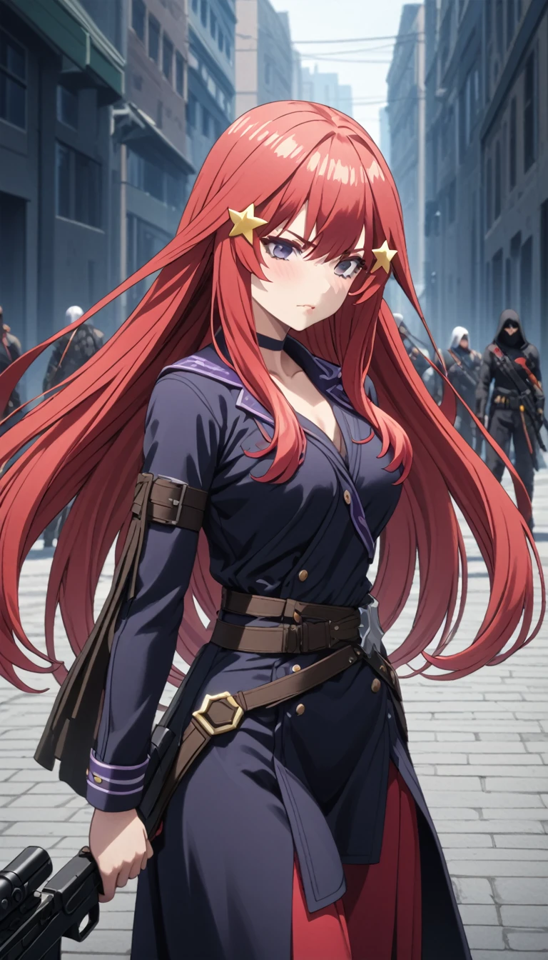 (Highest quality、Masterpiece、Very detailed、4K)、One Woman、、Red Hair、Long Hair、(((Nakano May)))、(Star-shaped hair fastening)、Are standing、assassin