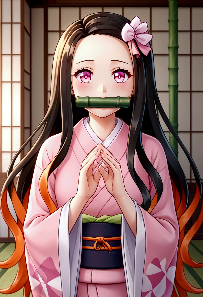 nezukokamado, nezuko kamado, bamboo, (bit gag:1.5), Black Hair, (amount:1.5), gag, gagged, Hair Ribbon, Long Hair, Multicolored Hair, (Pink Eyes:1.5), Orange Hair, elongated pupils, Wavy Hair, Two-tone hair, break asa no ha (pattern), checkered sash, Haori, kimono, kimono, Long sleeve, heart, pink kimono, sash, wariza, Wide sleeves, break looking at viewer, break indoors, break (masterpiece:1.2), Highest quality, High resolution, unity 8k wallpaper, (figure:0.8), (Beautiful attention to detail:1.6), Highly detailed face, Perfect lighting, Highly detailed CG, (Perfect hands, Perfect Anatomy),
