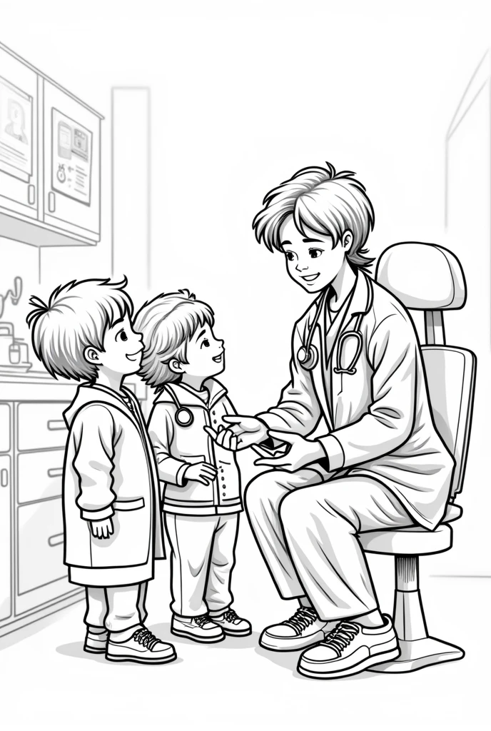 Black and white coloring pages of boys and girls being treated by a pediatrician at the hospital