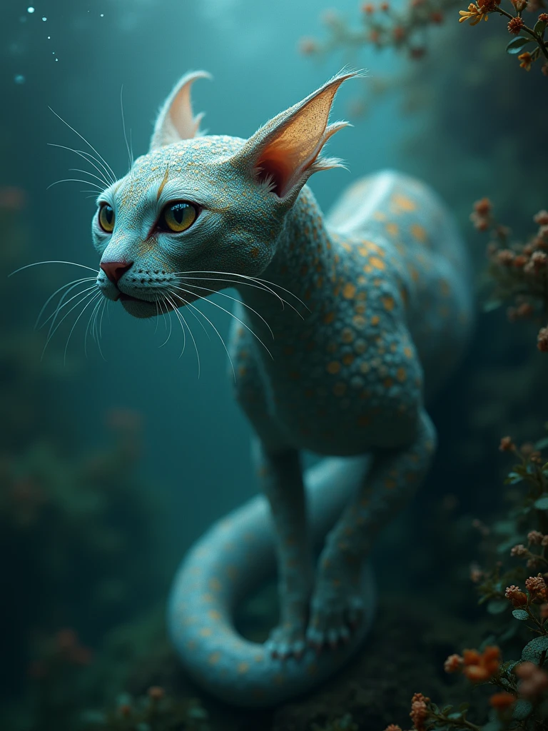 realistic photography of an insomniac nature-hybrid cat head + alienoid sea serpent monster with iridescent skin and playing underwater , detailed eyes and iridescent scales, iridescent, glittercore , mystic light waves and particles, grainy , light leak, chiaroscuro, atmospheric, ultra details, high definition