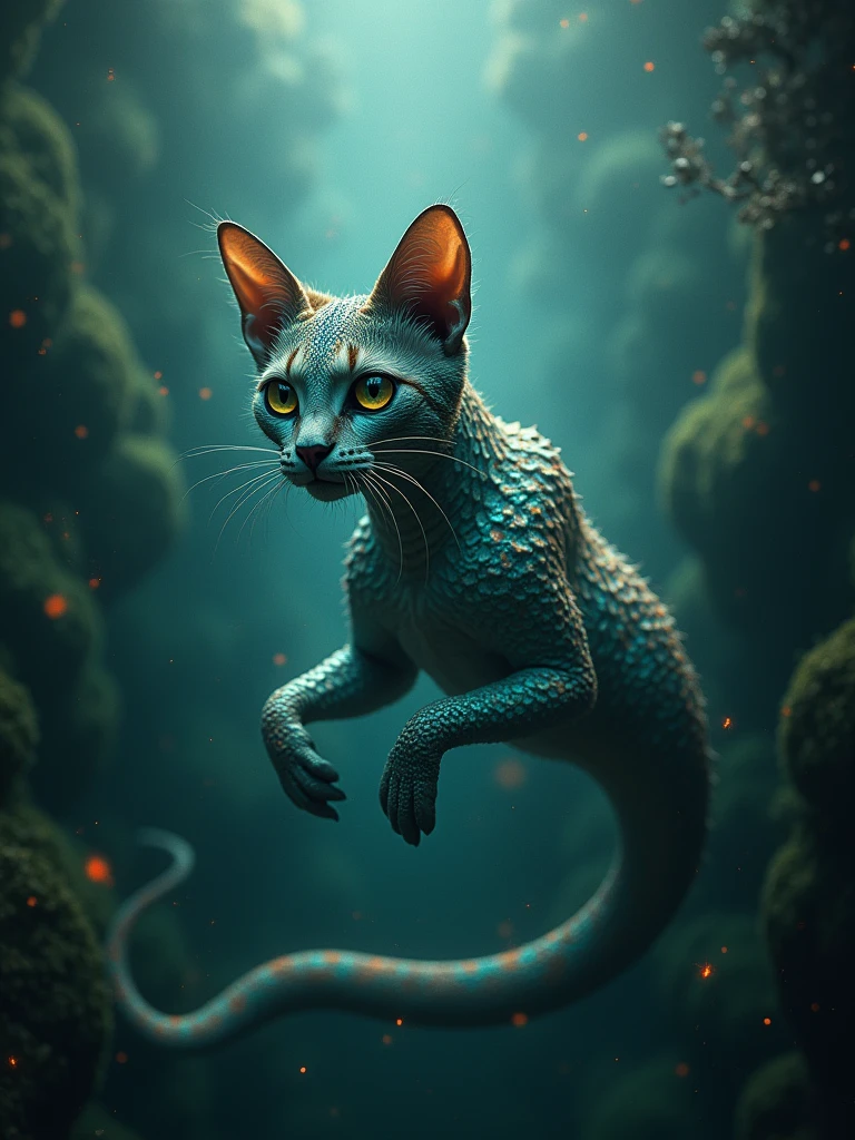 realistic photography of an insomniac nature-hybrid cat head + alienoid sea serpent monster with iridescent skin and playing underwater  , detailed eyes and iridescent scales, iridescent, glittercore , mystic light waves and particles, grainy , light leak, chiaroscuro, atmospheric, ultra details, high definition