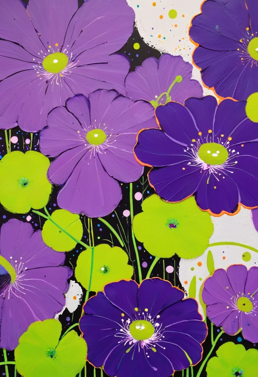 A painting:(((Colorful black,Chalk painting,Oil stick painting,Volume,Thick coating,Uneven texture,Plaster texture,Graffiti)))。Colorful black,Pottery Bottle, Bright colors, Purple和, cute的, Bright colors,cute, Lavender Color and Color Schemes, 和Purple的配色方案, Beautiful Art, Purple, Whimsical Art, 和Purple色调, Lime and Violet, Close together,, spring, Inspired by Tomokazu Matsuyama, Delightful