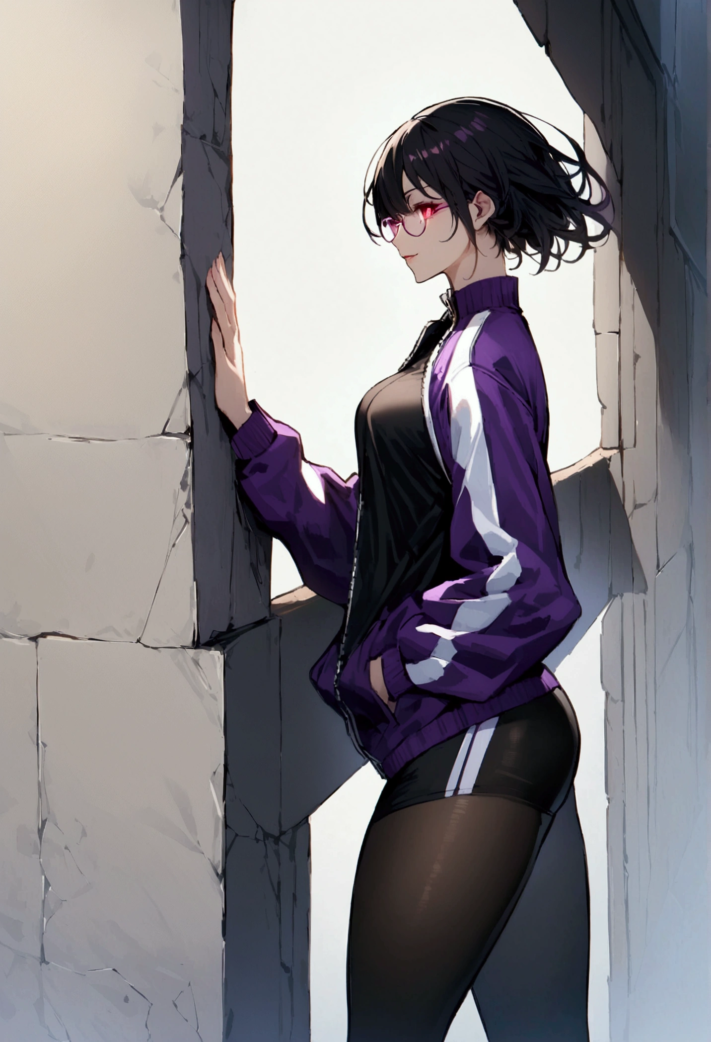 standing,alone,leaning against a broken wall,short hair,work of art,face detailed,beautiful young fitness woman with , in a gym wearing May with black pantyhose, white and purple tight short gym jacket. standing alone,red eyes glowing,Evil smile,legging preto ,labiaa,dark eye shadow,shining eyes,a hand leaning against the wall,neckleace,jacket zipper half open,Tight black shirt,white sports tennis shoes,short hair with purple details,beautiful curves,whole body,hair with purple details,labiaa,detailed face and eyes,work of art,sexy look,pefil from sideways,from sideways,wind in your hair,fully body,glasses on eyes
