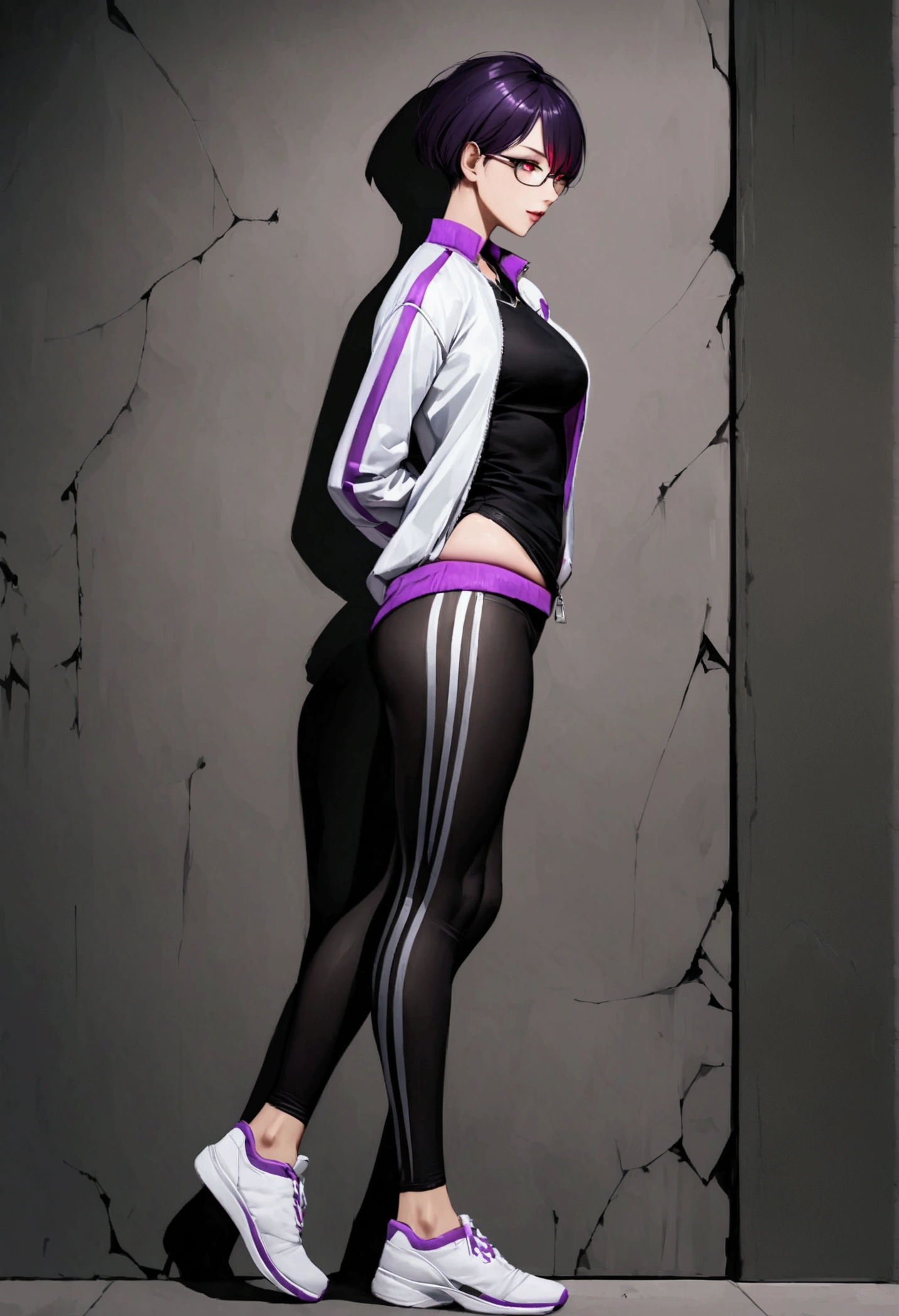 standing,alone,leaning against a broken wall,short hair,work of art,face detailed,beautiful young fitness woman with , in a gym wearing May with black pantyhose, white and purple tight short gym jacket. standing alone,red eyes glowing,Evil smile,legging preto ,labiaa,dark eye shadow,shining eyes,a hand leaning against the wall,neckleace,jacket zipper half open,Tight black shirt,white sports tennis shoes,short hair with purple details,beautiful curves,whole body,hair with purple details,labiaa,detailed face and eyes,work of art,sexy look,pefil from sideways,from sideways,wind in your hair,fully body,glasses on eyes