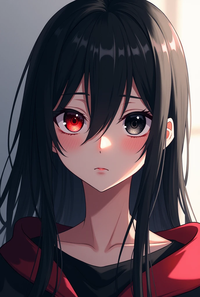 Anime Long Black Hair Red and black odd eyes