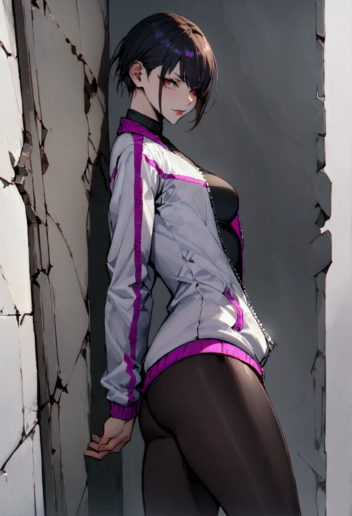 standing,alone,leaning against a broken wall,short hair,work of art,face detailed,beautiful young fitness woman with , in a gym wearing May with black pantyhose, white and purple tight short gym jacket. standing alone,red eyes glowing,Evil smile,legging preto ,labiaa,dark eye shadow,shining eyes,a hand leaning against the wall,neckleace,jacket zipper half open,Tight black shirt,white sports tennis shoes,short hair with purple details,beautiful curves,whole body,hair with purple details,labiaa,detailed face and eyes,work of art,sexy look,pefil from sideways,from sideways,wind in your hair,fully body,glasses on eyes
