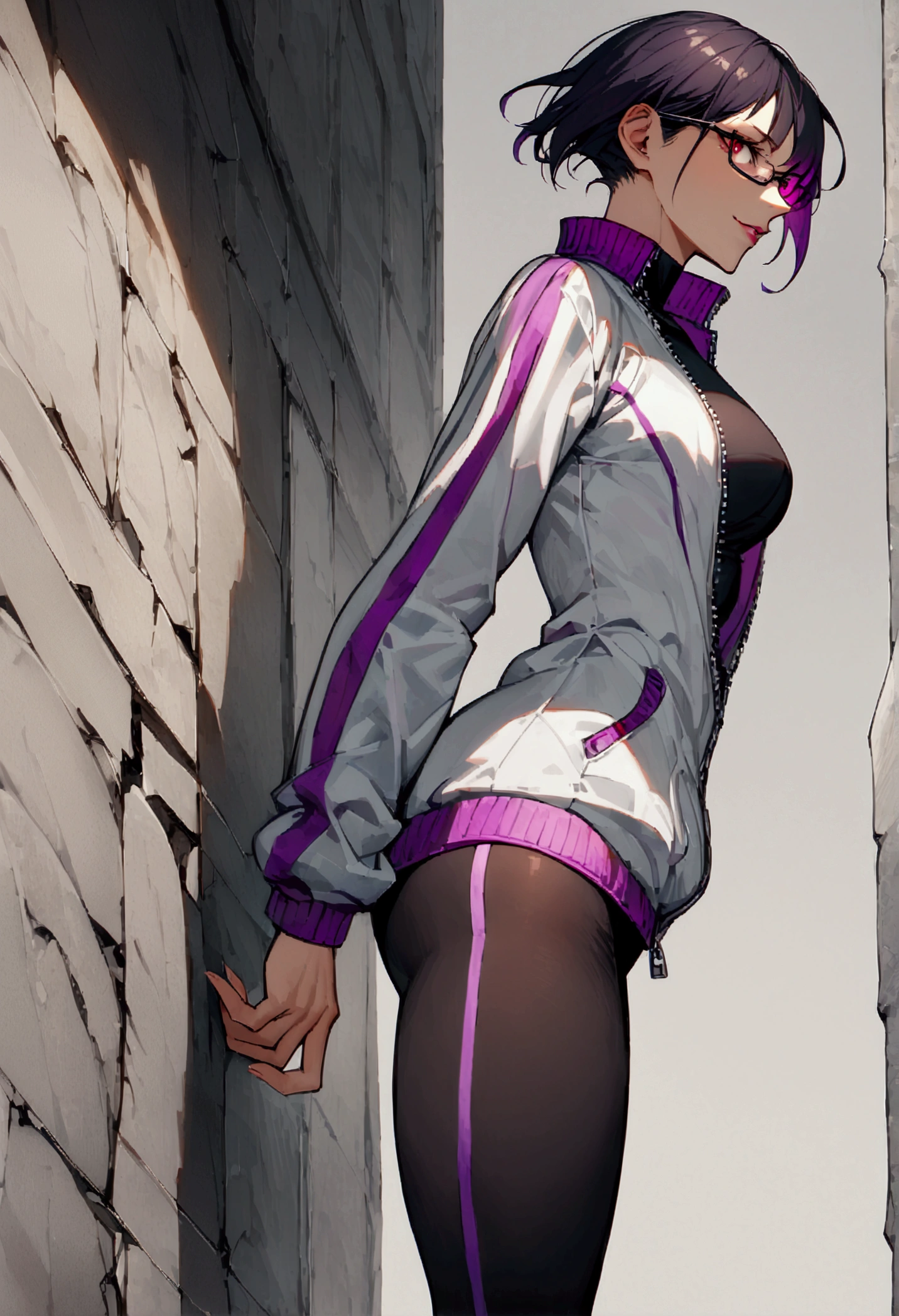 standing,alone,leaning against a broken wall,short hair,work of art,face detailed,beautiful young fitness woman with , in a gym wearing May with black pantyhose, white and purple tight short gym jacket. standing alone,red eyes glowing,Evil smile,legging preto ,labiaa,dark eye shadow,shining eyes,a hand leaning against the wall,neckleace,jacket zipper half open,Tight black shirt,white sports tennis shoes,short hair with purple details,beautiful curves,whole body,hair with purple details,labiaa,detailed face and eyes,work of art,sexy look,pefil from sideways,from sideways,wind in your hair,fully body,glasses on eyes