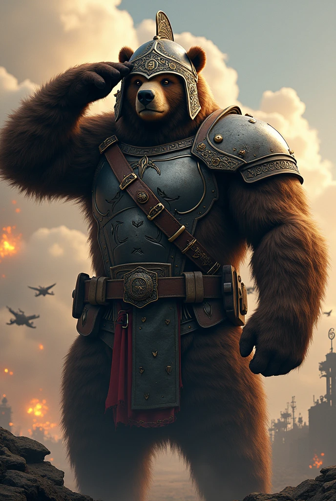 Create some images of a bear with a war helmet saluting