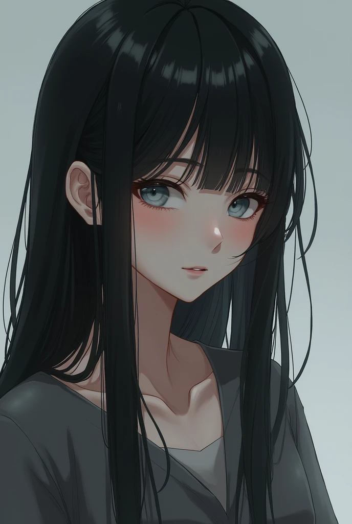 A girl with straight black hair and light blue-greyish eyes. Her expression is relaxing but she doesn't smile.