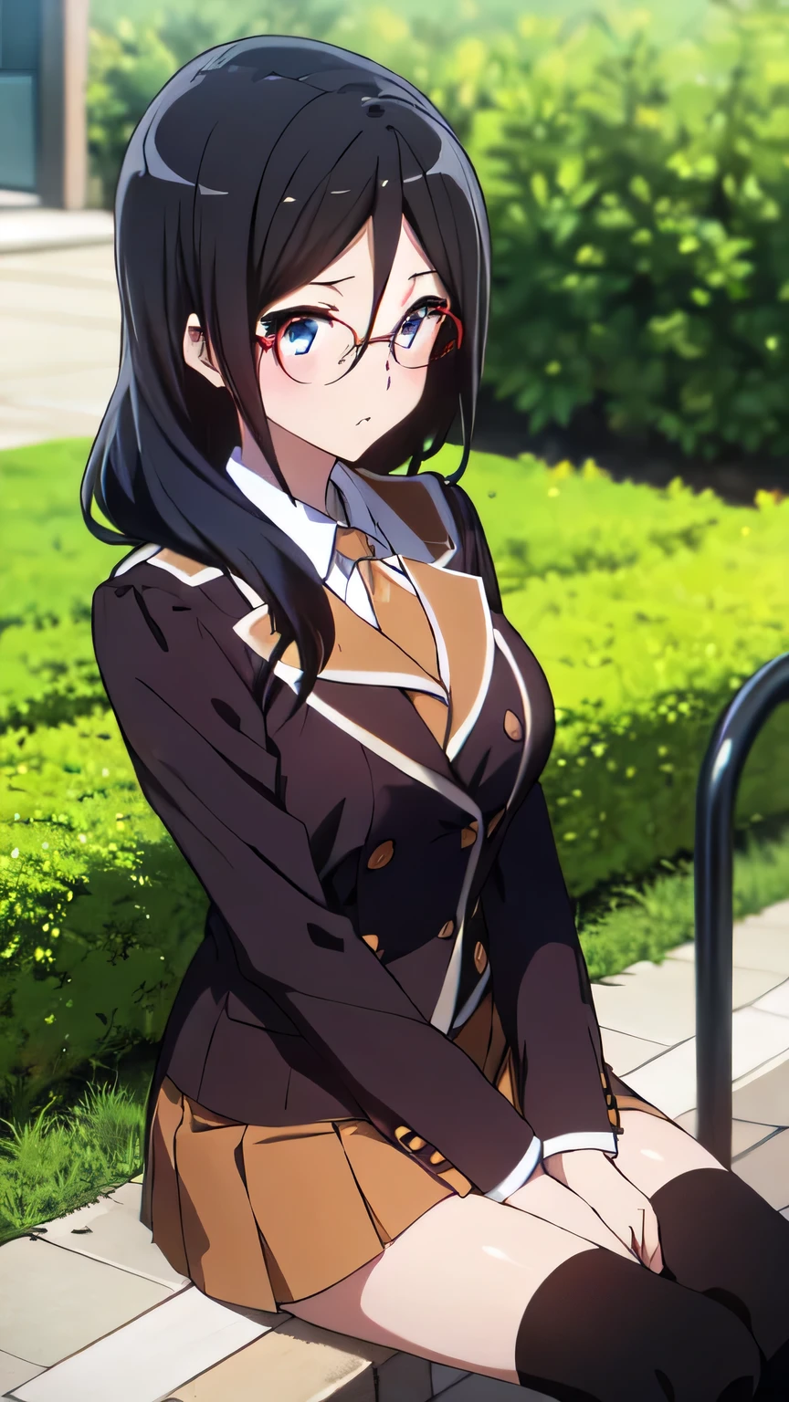 best quality, Masterpiece, highres, alone, {Thanaka_Asuka_euphonium sound:1.15} (garden:1.3), , black_hair, long_hair, glasses, light blue_eyes, Blush, red frame_glasses, Seraph, beyond the edge_glasses, semi borderless_glasses, hair_between_eyes, 1 woman, Kitauchi_high_school_uniform, brown,  (Waiting for the bus:1.5), front body,