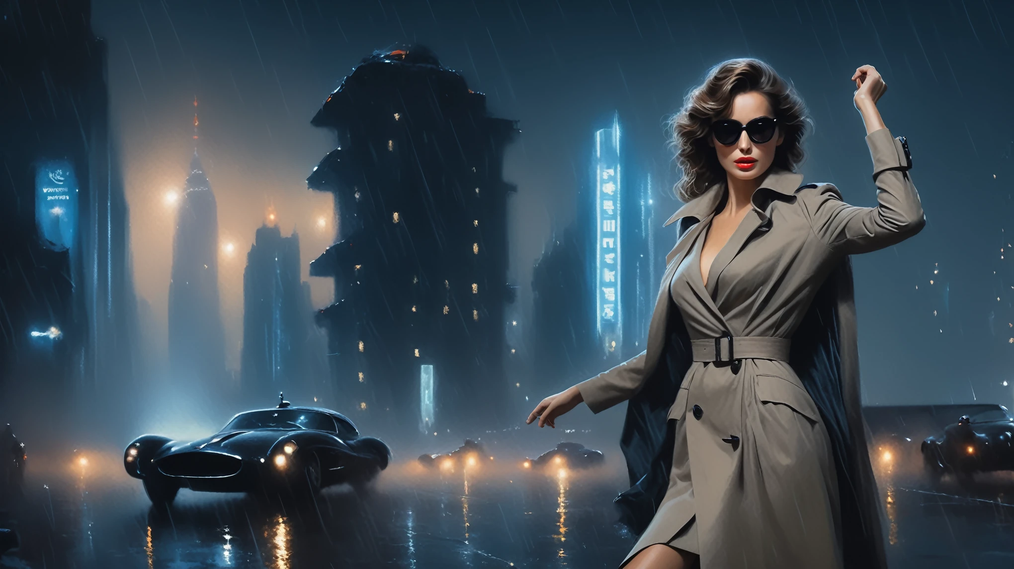 (Hyper-realistic photograph:1.4), Captivating scene under the rain at night on a rooftop, year 1937 cars on street, flying cars, a sexy slim woman, large breast cleavage, with short brown hair, three-quarters view, Black trench coat, (black sunglasses, holding a short gun), with a dark rainy city landscape in background, blue eyes, photography style, (half-body shot:1.3), (contemplative expression:1.2),(well-lit:1.2) Extremely Realistic, serendipity art, (sharp focus:1.3), intricate details, highly detailed, by God himself, original shot, masterpiece, detailed and intricate, Movie Still, guttojugg1