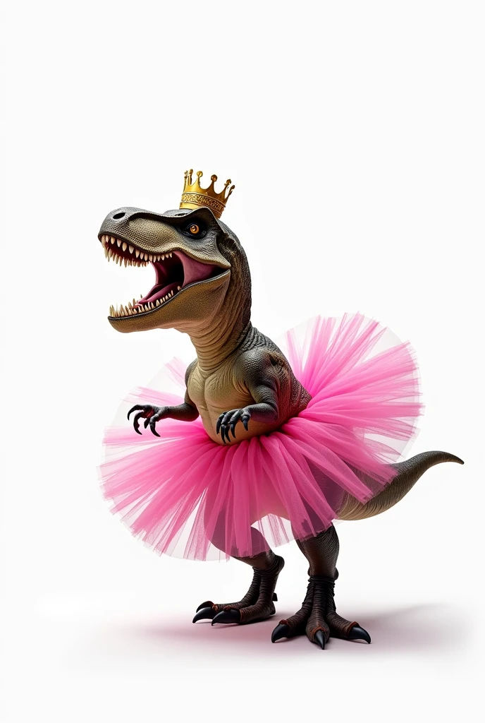 Dangerous T Rex with pink tutu and crown on white background. side view