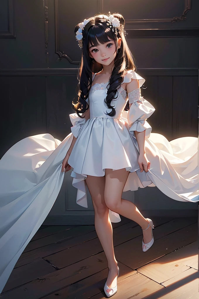 ((masterpiece, best quality, ultra-detailed, high resolution, extremely detailed CG, super detailed, Most beautiful clean lighting)), 1girl, small build, , cute girl, pretty face, smile, white skin, Beautiful black long hair, black eyes, kawaii, full body, nsfw, 