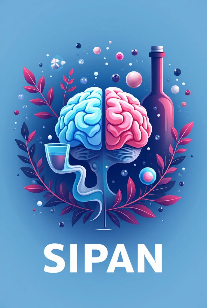 “Create a logo for a symposium on alcohol, neurodevelopment Wich The Name is SIPAN The logo should combine elements such as a stylized brain, a wine glass or bottle alchool, fetus and other alcoholic beverage, and symbols of science, like a neurons, fetus ou pregnancy representing research and knowledge. Use colors that convey seriousness and professionalism, such as blue, purple, with bussines design that can be used in both print and digital materials.”