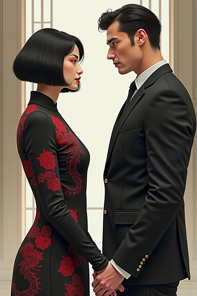 Create an image of a woman facing a man. The woman has Asian features and is well-groomed.., wearing a black dress with red designs, like dragons and roses. She has short black hair and a dark look in her eyes.. Your face is closed. The man is in a black suit. him'it's taller than her, suas feições são fortes e him não é asiático, him é francês com cabelo preto, rebels and scouts