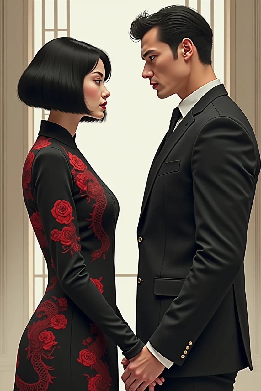 Create an image of a woman facing a man. The woman has Asian features and is well-groomed.., wearing a black dress with red designs, like dragons and roses. She has short black hair and a dark look in her eyes.. Your face is closed. The man is in a black suit. him'it's taller than her, suas feições são fortes e him não é asiático, him é francês com cabelo preto, rebels and scouts