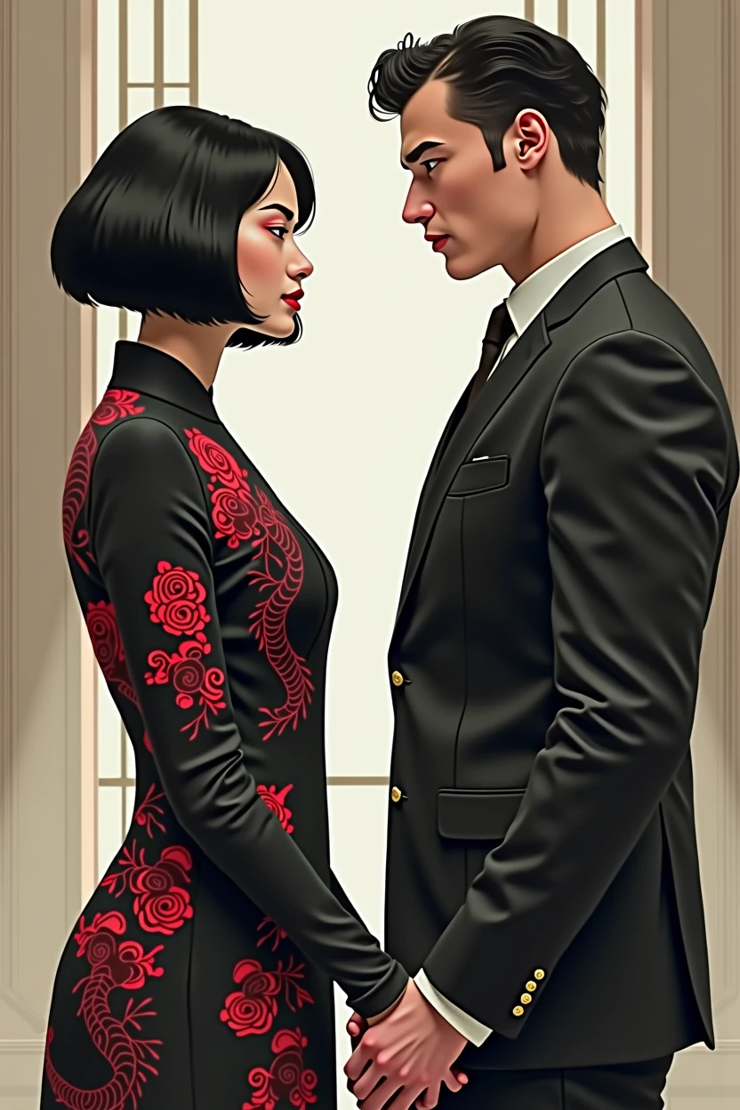 Create an image of a woman facing a man. The woman has Asian features and is well-groomed.., wearing a black dress with red designs, like dragons and roses. She has short black hair and a dark look in her eyes.. Your face is closed. The man is in a black suit. him'it's taller than her, suas feições são fortes e him não é asiático, him é francês com cabelo preto, rebels and scouts
