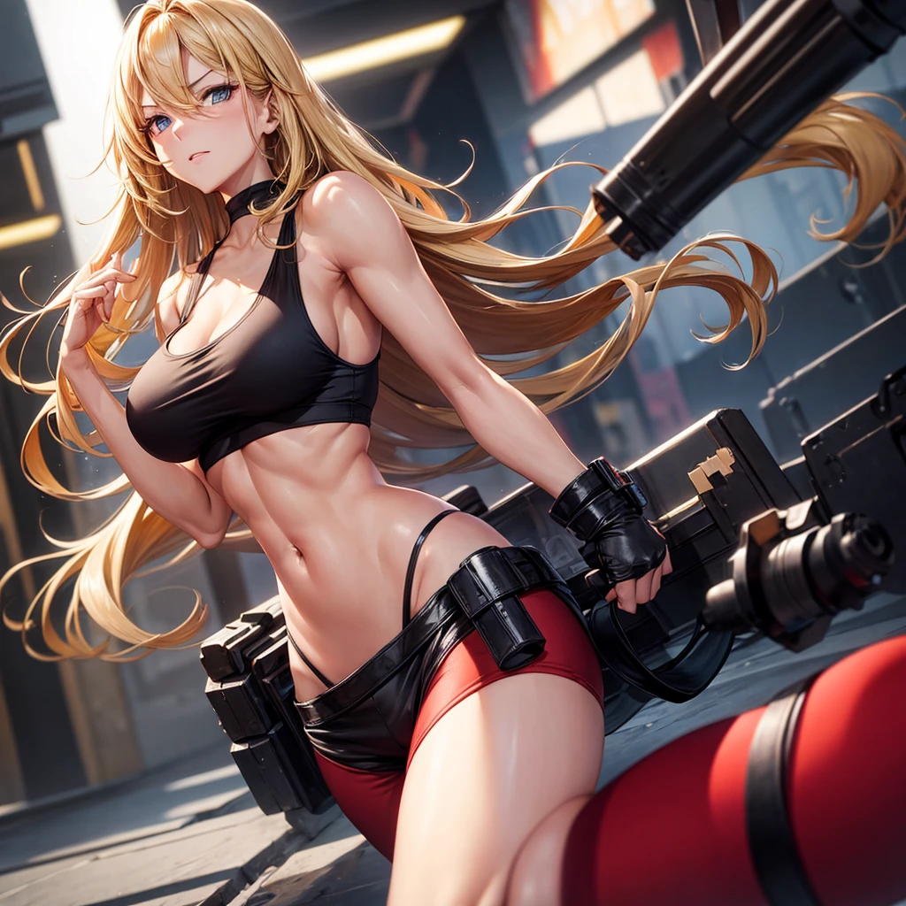 8K, 4k, highest quality, High resolution: 1.2), (masterful, realistic, Photoreal: 1.4), 1 woman, Older sister's atmosphere、beautiful face, she has a bright smile、Shining Lipin Eyes, beholder, Fair skin, white skin: 1.5), Fine complexion, big, big, blonde hair、headband bangs, , young, s asack-view、big ass、super breasts、H cup、lower hair、Rear view、exposed nipples、T-back that digs into your butt、wear a white thong、emphasize the buttocks、white collar thong、cute long hairstyle、wear high heel boots、A woman standing in front of a giant robot、There's a giant robot standing in the background、A female partner robot is next to you.、she's in the hangar、wearing an arm cover、I'm not wearing anything、Have an assault rifle、Hold an assault rifle