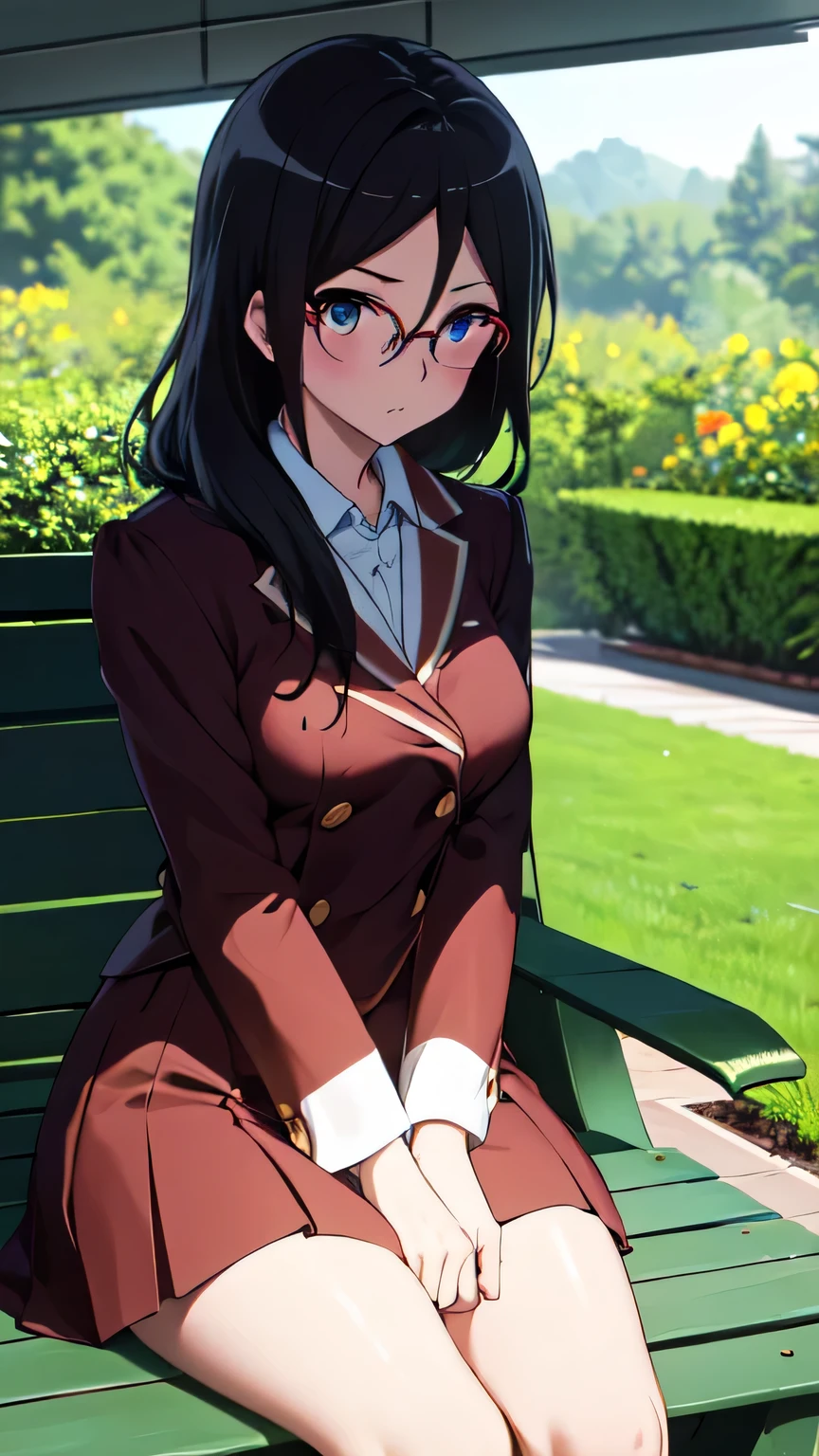best quality, Masterpiece, highres, alone, {Thanaka_Asuka_euphonium sound:1.15} (garden:1.3), , black_hair, long_hair, glasses, light blue_eyes, Blush, red frame_glasses, Seraph, beyond the edge_glasses, semi borderless_glasses, hair_between_eyes, 1 woman, Kitauchi_high_school_uniform, brown,  (Waiting for the bus:1.5), Looking at the viewer,