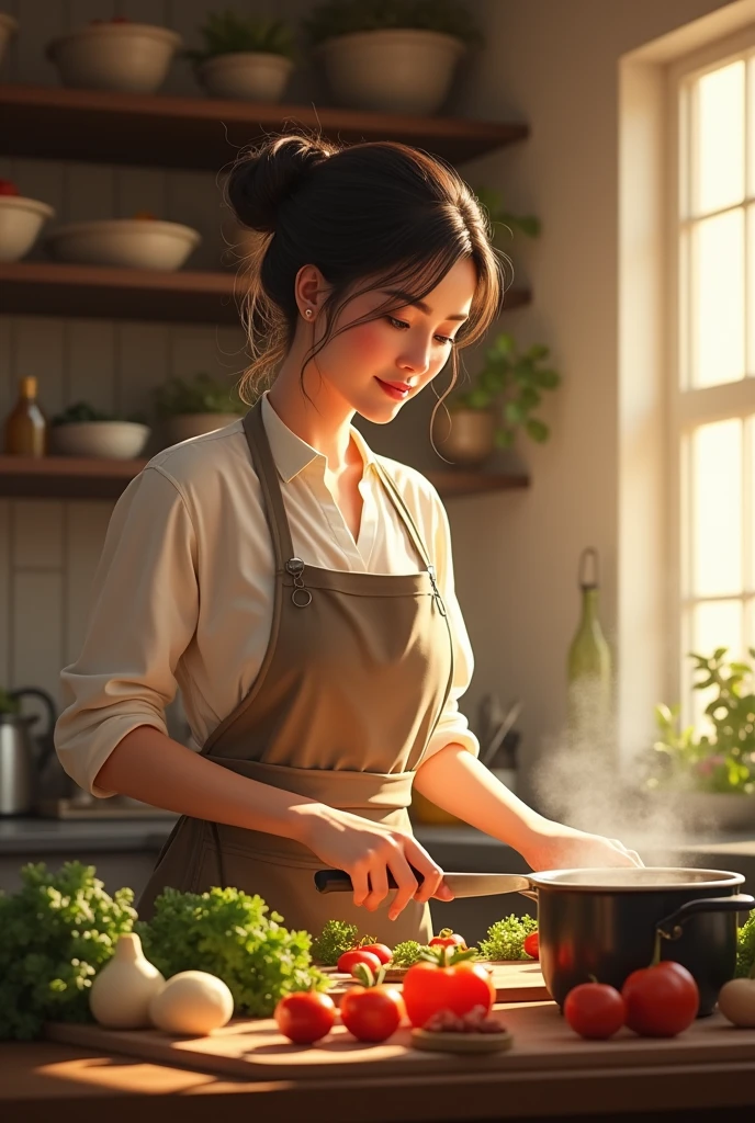 I create an image of a mother cooking every day