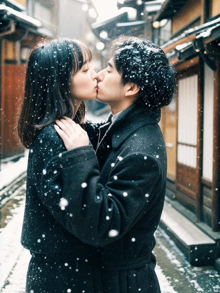 A Couple full shot, (best quality photo:1.5), 1girl and 1man, japanese, I am 35y a man in winter suit with short black hair, I meet my sweet and chubby girlfriend in kyoto traditional village, (carrying her:1.3) while giving a romantic (real kiss:1.2), she has messy mid long bang hair in pink slipdress, (snowing:1.2), (romantic moment:1.3), real object, 120 film looks, natural light, real skin, detailed face and eyes, very highly detailed, surreal view, (sharp focus:1.3), shot by mamiya with wide lens, dynamic wide angle