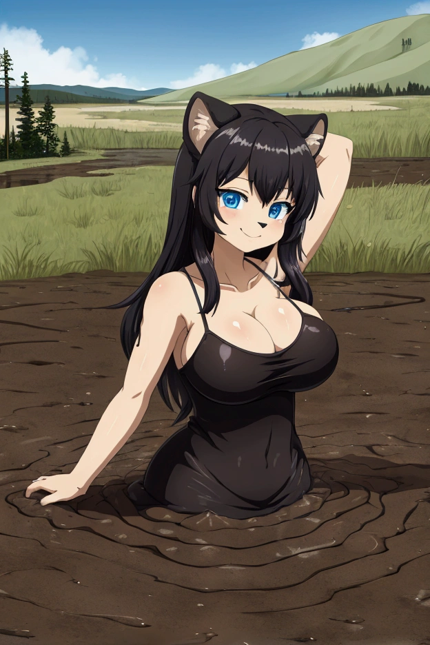 1girl, solo, furry puma girl, huge breast, black hair, blue eyes, white tanktop dress, spaghetti strap, partially submerged, in mud, flooding up to the chest, upper body, yellowstone park, seductive smile, anime face, hands up,