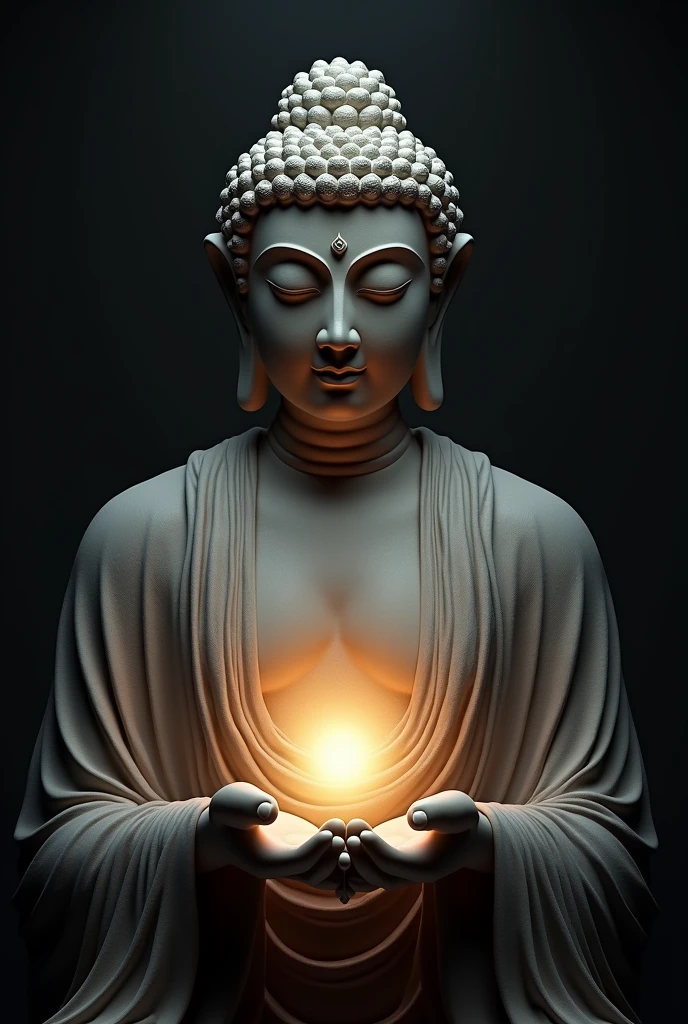 Buddha,face,body,realistic,high quality image,light on hand,the dark,potrait