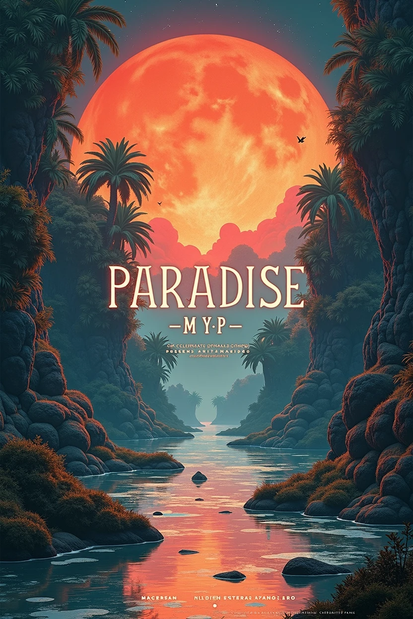 Art posters with text, Aesthetically pleasing contrasts are layered on the background, The dawn of a new era of imaging, Insert text into image, (text:"pARADISE M.Y.p") the word, poster with text, /( pARADISE M.Y.p /) charachter, paradisaical