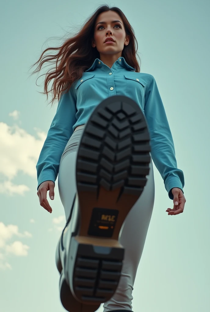 a pretty woman, 42 years old, Brown hair, pretty face, blue shirt, light tights, black aigle rubber riding boots, giantess, POV shot, lifts her right foot, Boot sole, FULL BODY shot