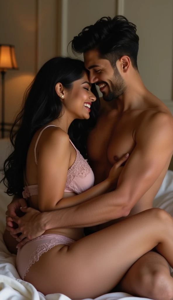 A beautiful gorgeous plump Indian 55 year old woman wearing a light pink thin bra panty, long hair, huge breasts, hot body curves, smiley face, white skin, laying on bed with 21 years old handsome man doing romance in room male and female face