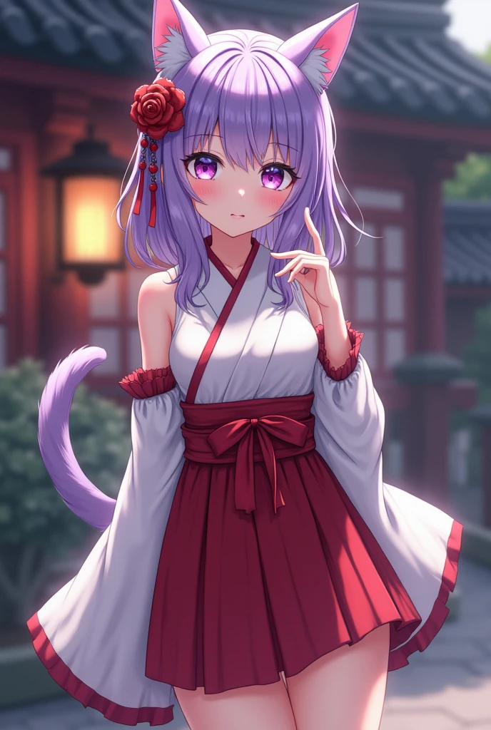 (best quality:1.4), highres, masterpiece,, 1girl,, light purple hair, purple eyes, (kemomimi), medium breasts, bare slim thigh,, hair ornament, (red|white Japanese miko clothes), detached sleeves,, blush,, lantern, shrine,, detailed face,