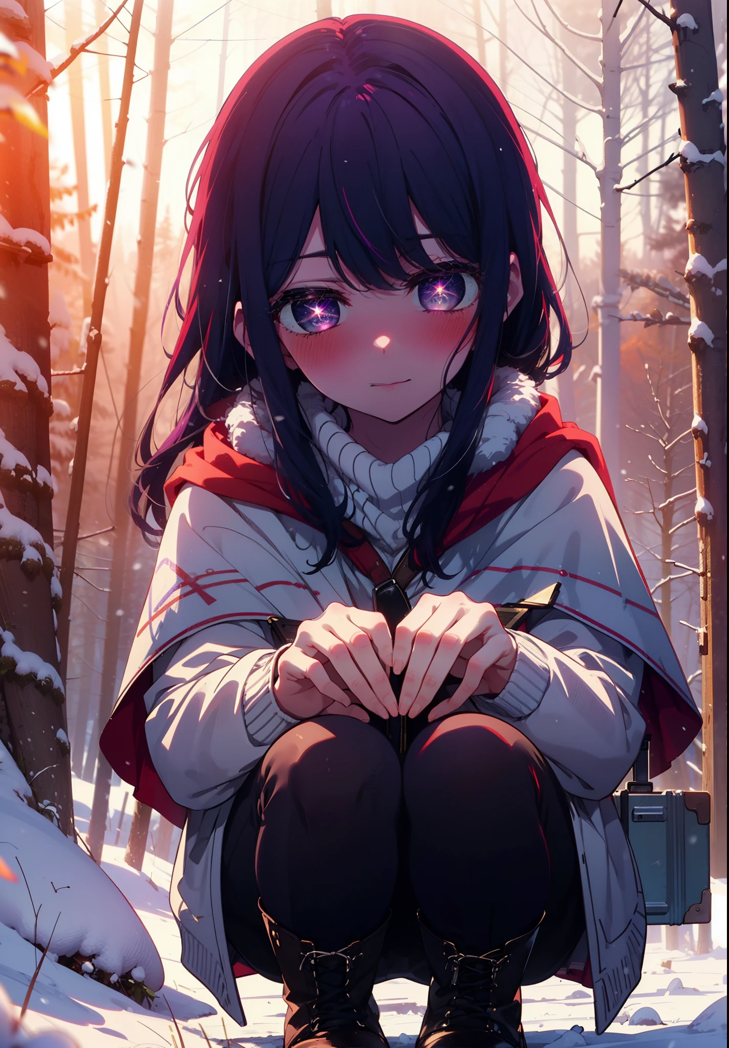 aihoshino, Ai Hoshino, Long Hair, bangs, (Purple eyes:1.1), Purple Hair, (Symbol-shaped pupil:1.5), smile,,smile,blush,white breath,
Open your mouth,snow,Ground bonfire, Outdoor, boots, snowing, From the side, wood, suitcase, Cape, Blurred, , forest, White handbag, nature, Squat, Mouth closed, Cape, winter, Written boundary depth, Black shoes, red Cape break looking at viewer, Upper Body, whole body, break Outdoor, forest, nature, break (masterpiece:1.2), Highest quality, High resolution, unity 8k wallpaper, (shape:0.8), (Beautiful and beautiful eyes:1.6), Highly detailed face, Perfect lighting, Extremely detailed CG, (Perfect hands, Perfect Anatomy),