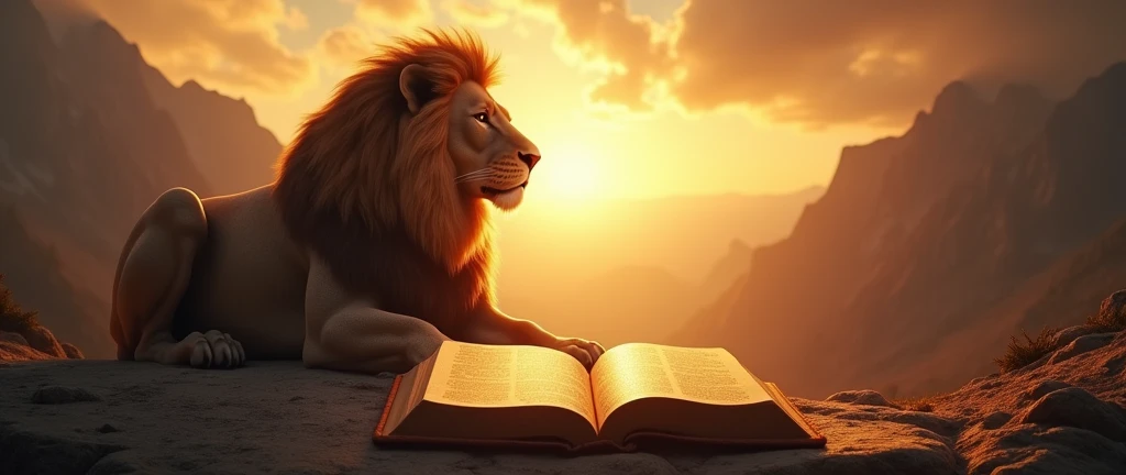 "Create a realistic, cinematic image for a YouTube channel banner, that represents a powerful and inspiring scene. En el centro de la imagen, highlight the Lion of Judah, majestic and imposing, symbolizing strength and royalty. Next to the lion, put a Bible open, with illuminated pages, emanating a soft light that suggests wisdom and knowledge. In a corner of the scene, include a representation of Jesus, with a serene and welcoming expression, transmitting love and compassion. The background should be a dramatic setting, like a mountainous landscape at dawn, with rays of sun penetrating the clouds, creating an atmosphere of hope and faith. A paleta de cores deve ser rica e vibrante, evoking a sense of reverence and spirituality."
This prompt details the artistic vision for the channel banner., ensuring that all desired elements are included in a harmonious and impactful way.