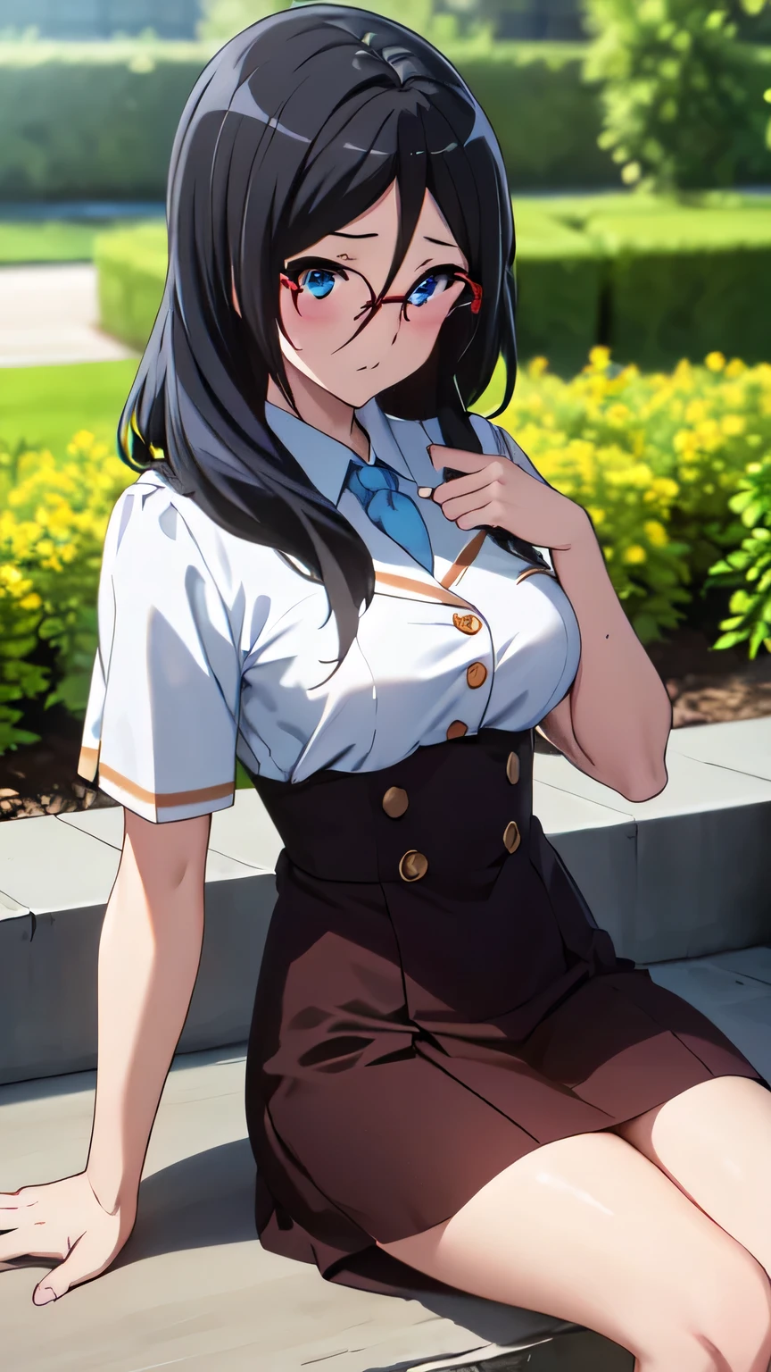 best quality, Masterpiece, highres, alone, {Thanaka_Asuka_euphonium sound:1.15} (garden:1.3), , black_hair, long_hair, glasses, light blue_eyes, Blush, red frame_glasses, Seraph, beyond the edge_glasses, semi borderless_glasses, hair_between_eyes, 1 woman, Kitauchi_high_school_uniform, brown,  (Sit back and wait.:1.5), looking towards the viewer,