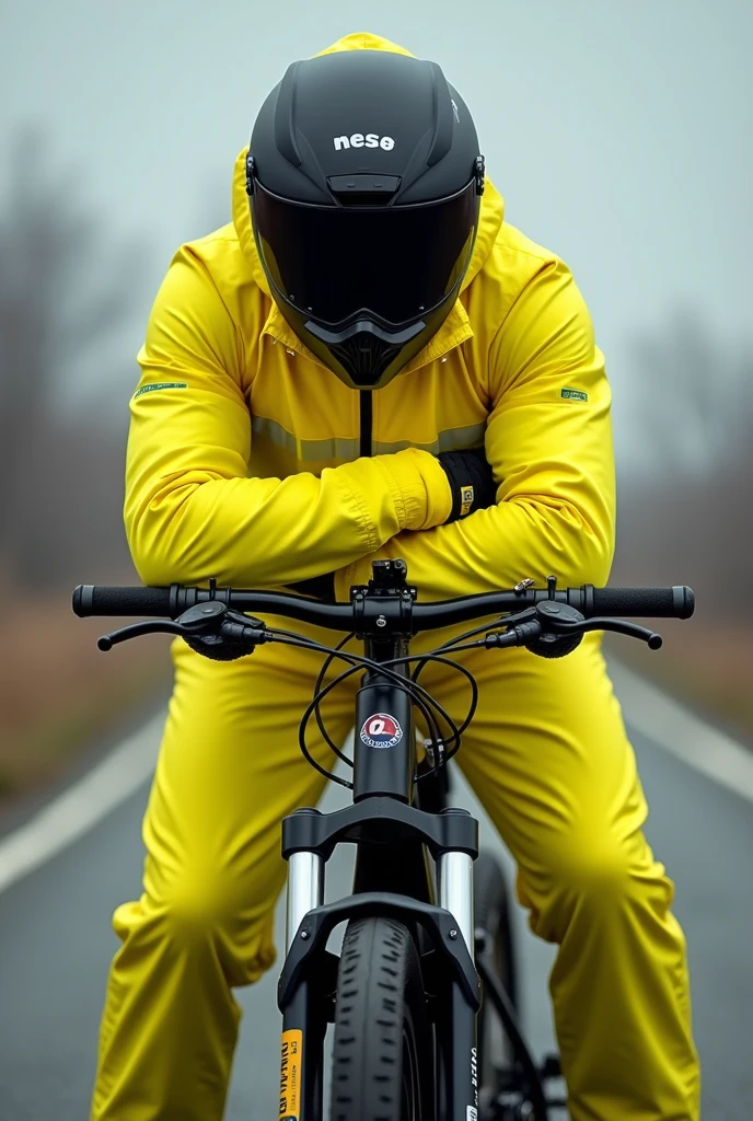 Biker in yellow biker safety suit full body in leaning pose and helmet with arms crossed facing front