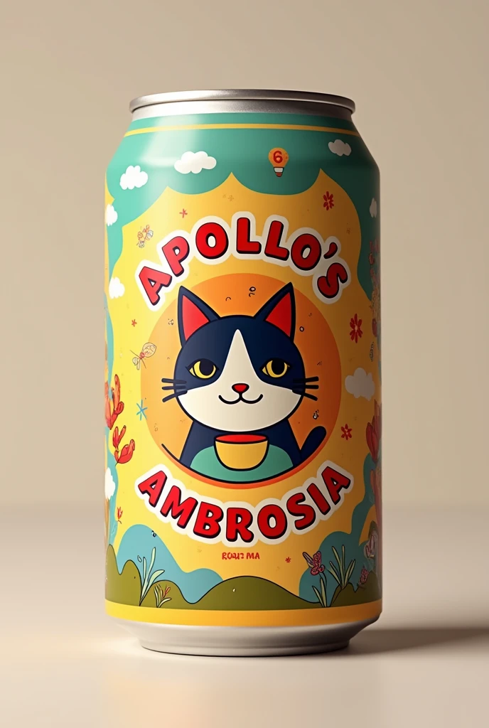 make me a 250ml canned coffee packaging design with a cheerful artwork theme with the brand name Apollo's Ambrosia , in it there is a cat head logo artwork design with full color