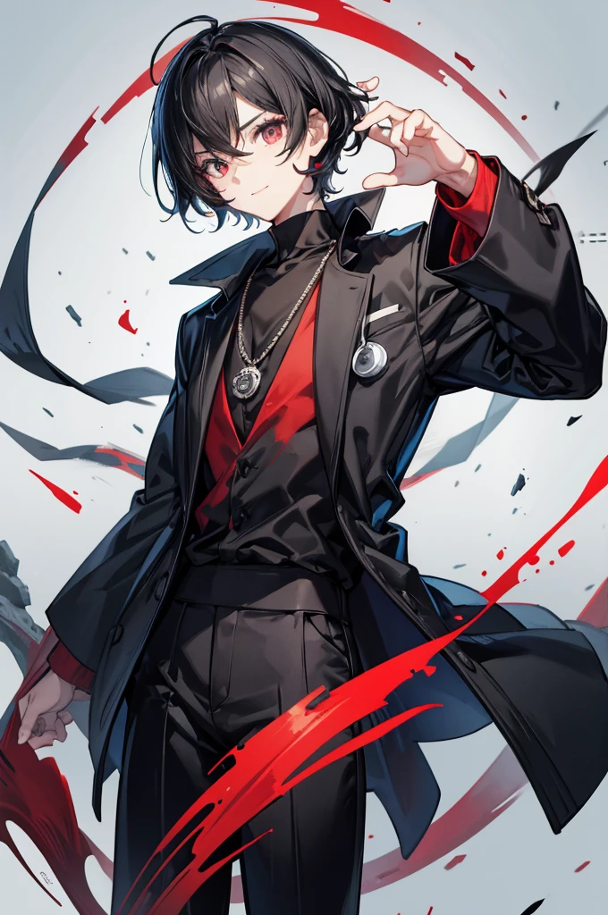 Highest quality, 16K, masterpiece :1.3　Ultra-high resolution　No abnormalities in detail　Detailed face　　Male　neutral　cool　Small stature　Black hair that reaches down to the eyes　Black and red odd eyes　Detailed Eyes　Wearing a doctor's lab coat　Black shirt　A red jewel necklace around the neck　Looking at me　A relaxed smile　Detailed face　　No background　Burning sleeves of a white coat　Soft Eyes　Cool vibe　　Black trousers　Tree Eyes　Occupation: Doctor　whole body　low length　　