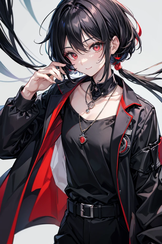 Highest quality, 16K, masterpiece :1.3 Ultra-high resolution No abnormalities in detail Detailed face Male neutral cool Small stature Black hair that reaches down to the eyes Black and red odd eyes Detailed Eyes Wearing a doctor's lab coat Black shirt A red jewel necklace around the neck Looking at me A relaxed smile Detailed face No background Burning sleeves of a white coat Soft Eyes Cool vibe Black trousers Tree Eyes Occupation: Doctor whole body low length