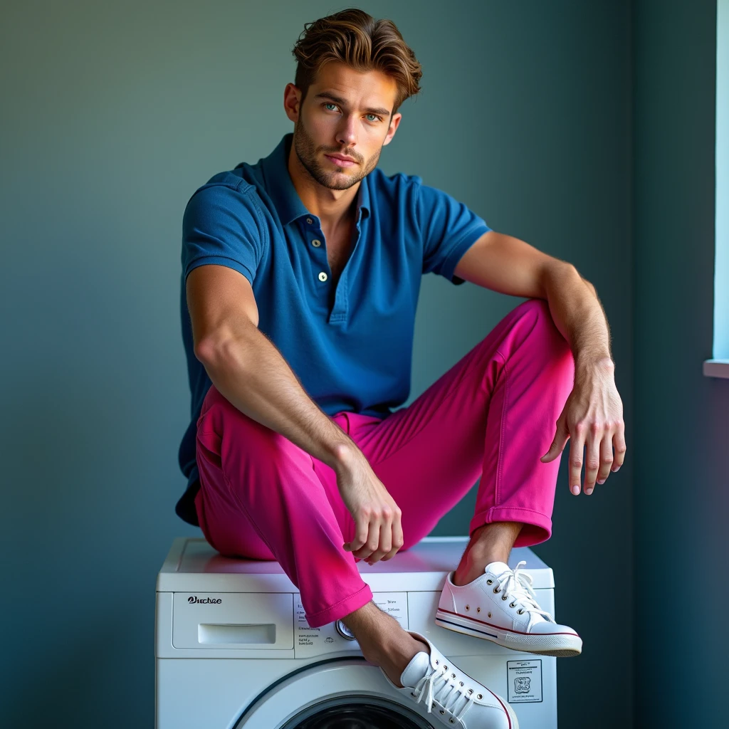 A white man, model type, at 33 years old, blue colored eyes, wearing a blue polo shirt and pink pants, sitting sideways with his feet on top of a washing machine looking at the camera with a sexy look