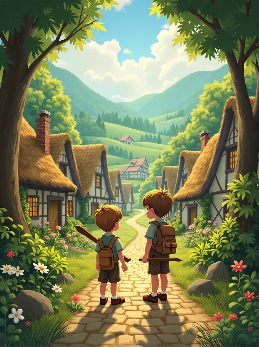 Create an image of a quaint, olden-day village nestled in a lush green valley. The scene should depict thatched cottages with cobblestone paths, surrounded by rolling hills and dense forests. The morning sun casts a warm glow over the village, and children are seen eagerly gathering in the village square, their faces filled with excitement. Include two children, Oliver and Lily, at the forefront, holding wooden sticks and looking towards the forest with anticipation. The atmosphere should be vibrant and full of life, capturing the essence of adventure and discovery. Size: 1792x1024