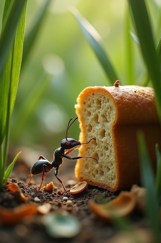 A small ant who is trying to movie a huge breadcrumb to its nest.