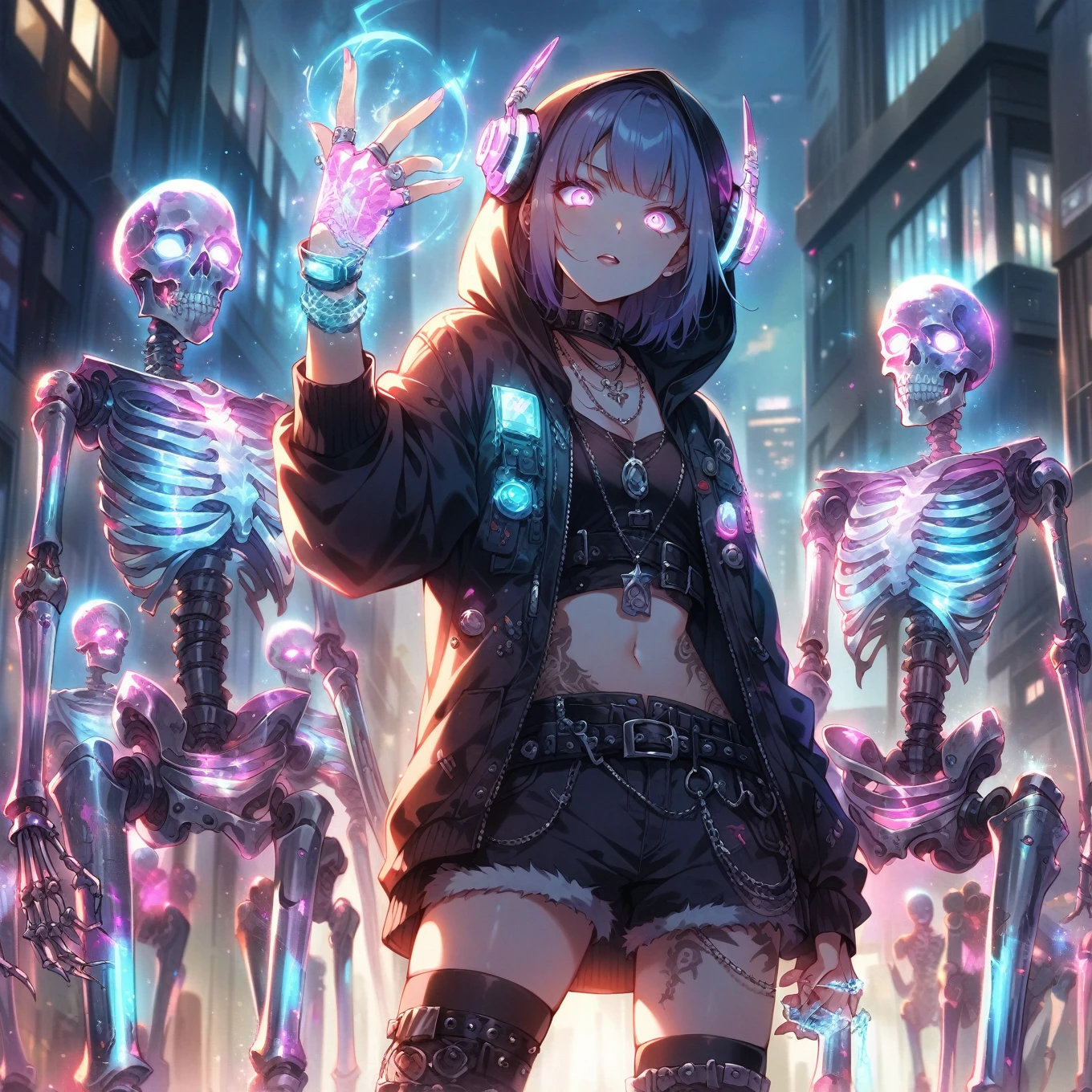 score_9_up, score_9, score_8_up, score_7_up, source_anime,masterpiece, best quality, high resolution, extremely detailed CG, absurdres, highres,In the cyberpunk city, several glowing mechanical skeletons are standing in front of a young girl. The girl, dressed in a punk-inspired outfit with a hooded jacket and neon headphones, raises her tattooed right hand, which is wearing silver jewelry and a silver ring, and glows with a magical light, 1girl, glowing, shorts, hood, navel, jewelry, fingerless gloves, belt, midriff, gloves, glowing eyes, jacket, tattoo, short hair, skeleton, necklace