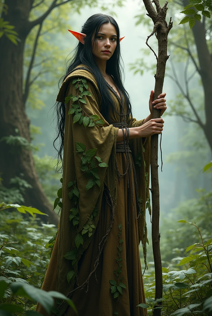 Create a dubgeons and dragons character image of an older female tribal elve mage with small lips, pointed ears long unkempt wild black hair in a brown and green robe made of leafs holding a wooden staff in a forest