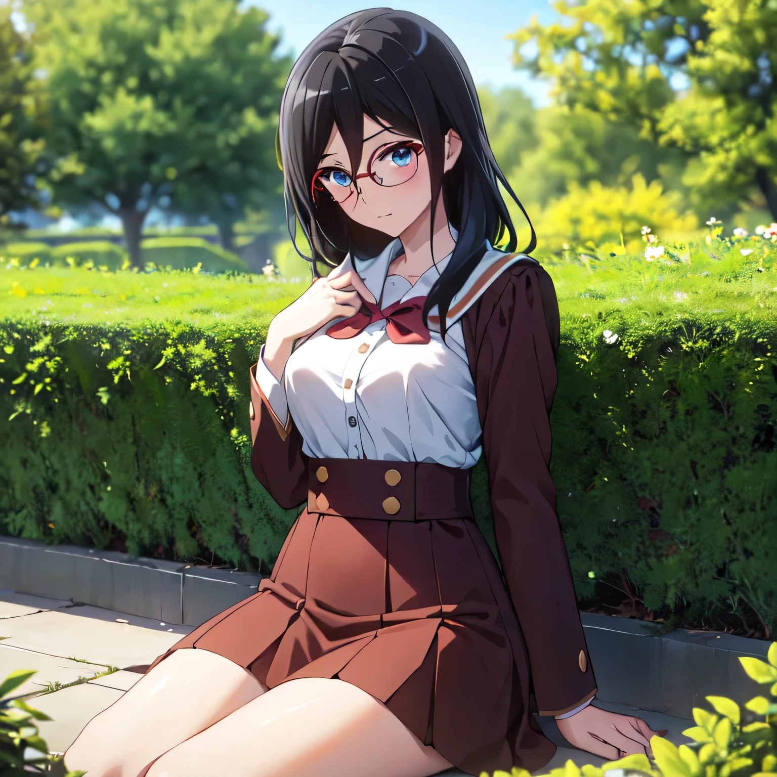 best quality, Masterpiece, highres, alone, {Thanaka_Asuka_euphonium sound:1.15} (garden:1.3), , black_hair, long_hair, glasses, light blue_eyes, Blush, red frame_glasses, Seraph, beyond the edge_glasses, semi borderless_glasses, hair_between_eyes, 1 woman, Kitauchi_high_school_uniform, brown,  (Sit back and wait.:1.5), looking towards the viewer,