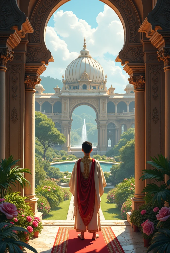 Show a majestic ancient palace surrounded by lush gardens. Siddhartha is depicted as a young prince, wearing royal attire, standing by a window, looking out with curiosity.