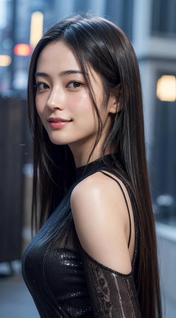 Black silk evening dress、(Photoreal:1.4)、(hyper realistic:1.4)、(realistic:1.3)、(soft lighting:1.05)、(Cinema lightingQuality improvement:0.9)、32K、1 girl、27 year old beauty、City night view, backlight、face lighting、ray tracing、(Quality improvement:1.4)、(Top quality real textured skin:1.4)、finely tuned、detailed face、good eyes、(Improves the beauty of skin texture.:1.1)、realistic skin texture, Ayaka Miyoshi, ((A slightly smiling face. :1.1))